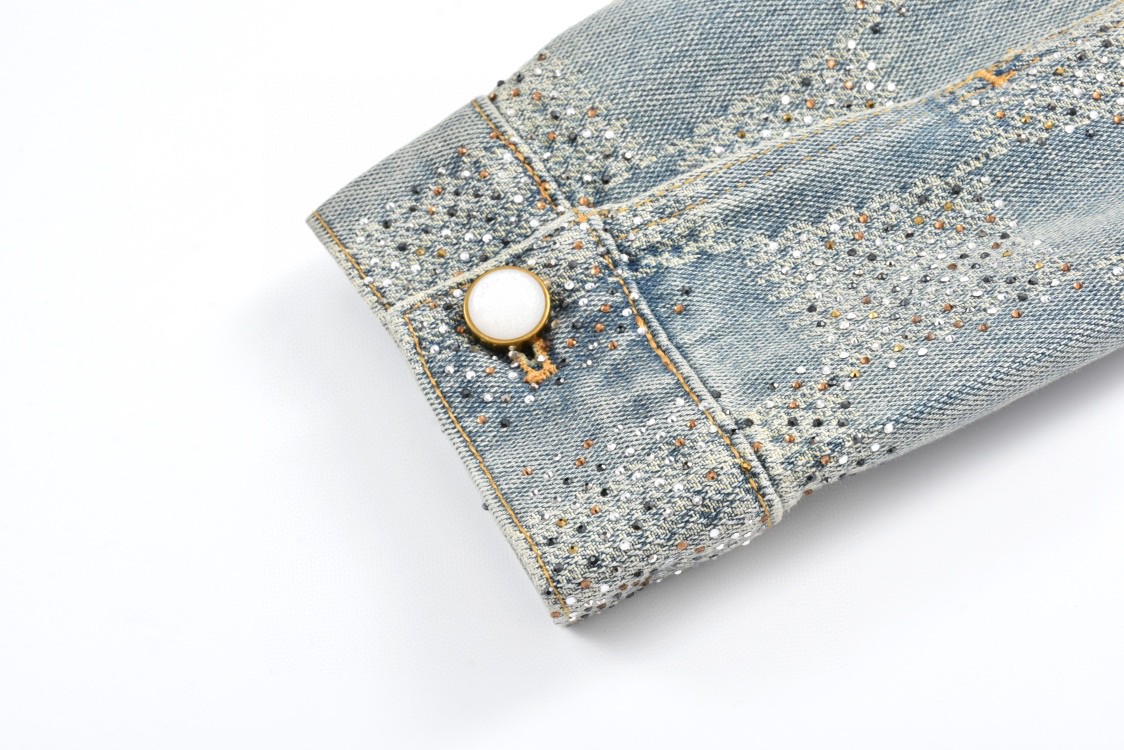 LOUIS VUITTON 路易威登 满钻棋盘格单排扣牛仔外套 夹克 长袖 外套 牛仔衣 浅蓝色 