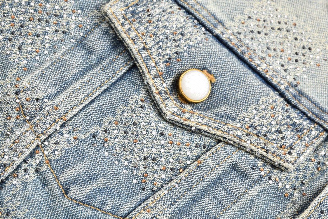 LOUIS VUITTON 路易威登 满钻棋盘格单排扣牛仔外套 夹克 长袖 外套 牛仔衣 浅蓝色 