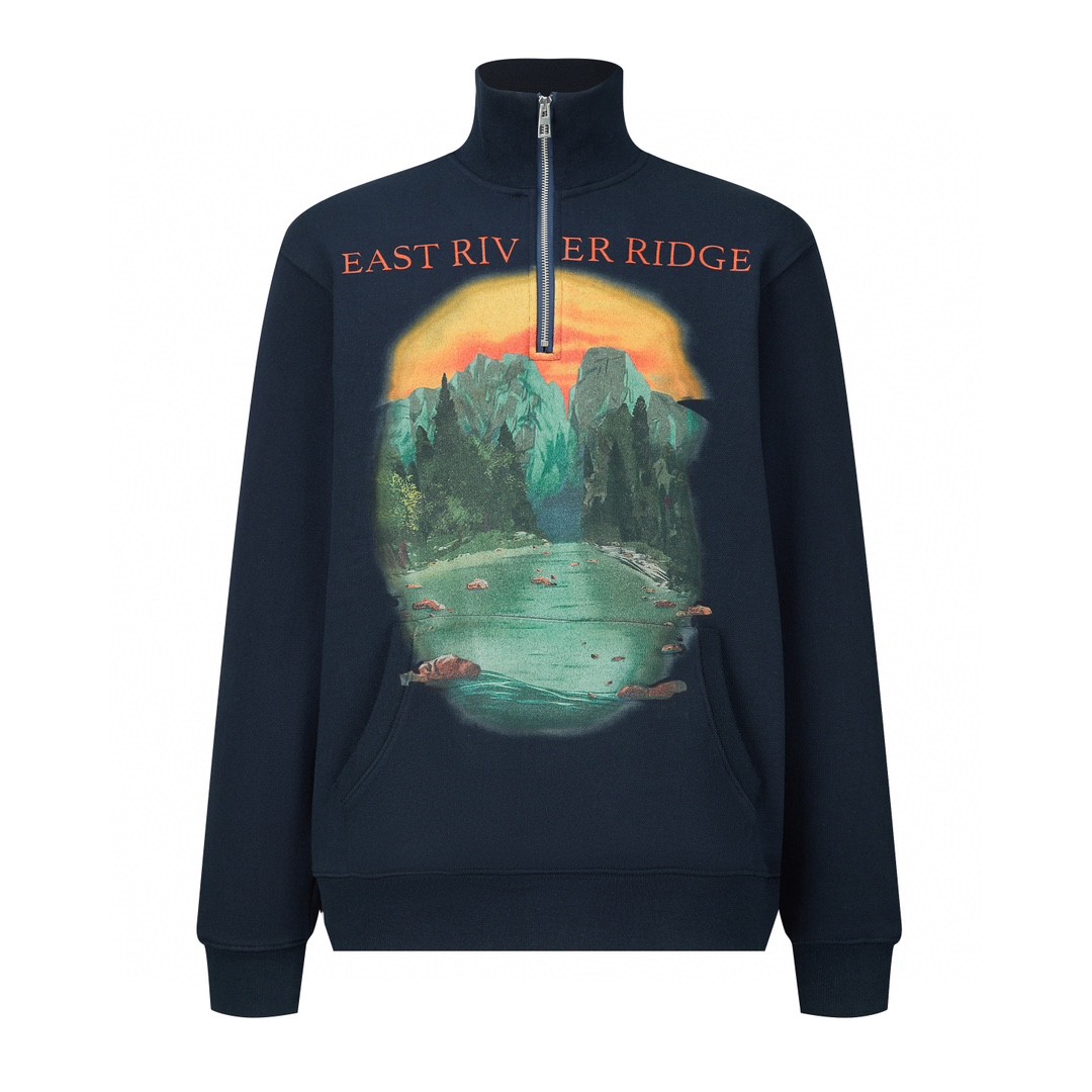 Loewe 罗意威 字母Logo刺绣风景图案印花半拉链卫衣 长袖 秋冬 深蓝色 H526Y24X44-5120