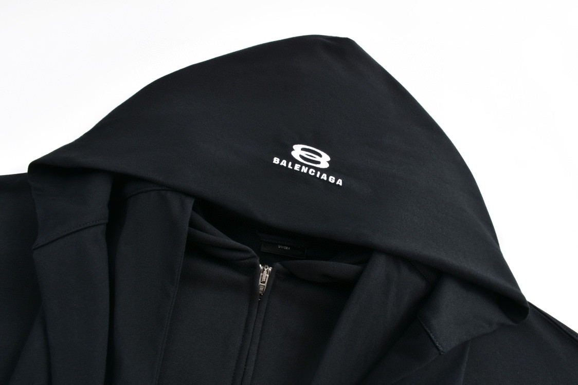 Balenciaga 巴黎世家 拼接假两件刺绣字母logo拉链连帽卫衣 外套 长袖 秋冬 黑色 
