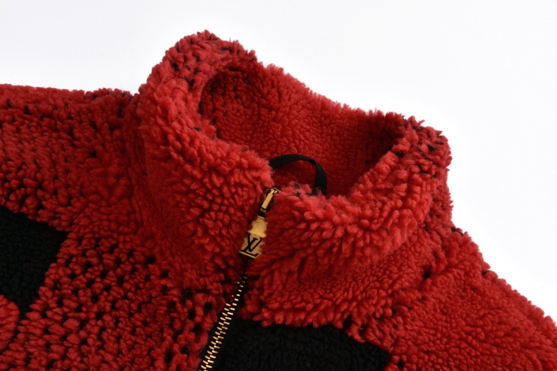 LOUIS VUITTON 路易威登 撞色格纹拉链立领泰迪夹克 长袖 外套 秋冬款 红色1AFXOC