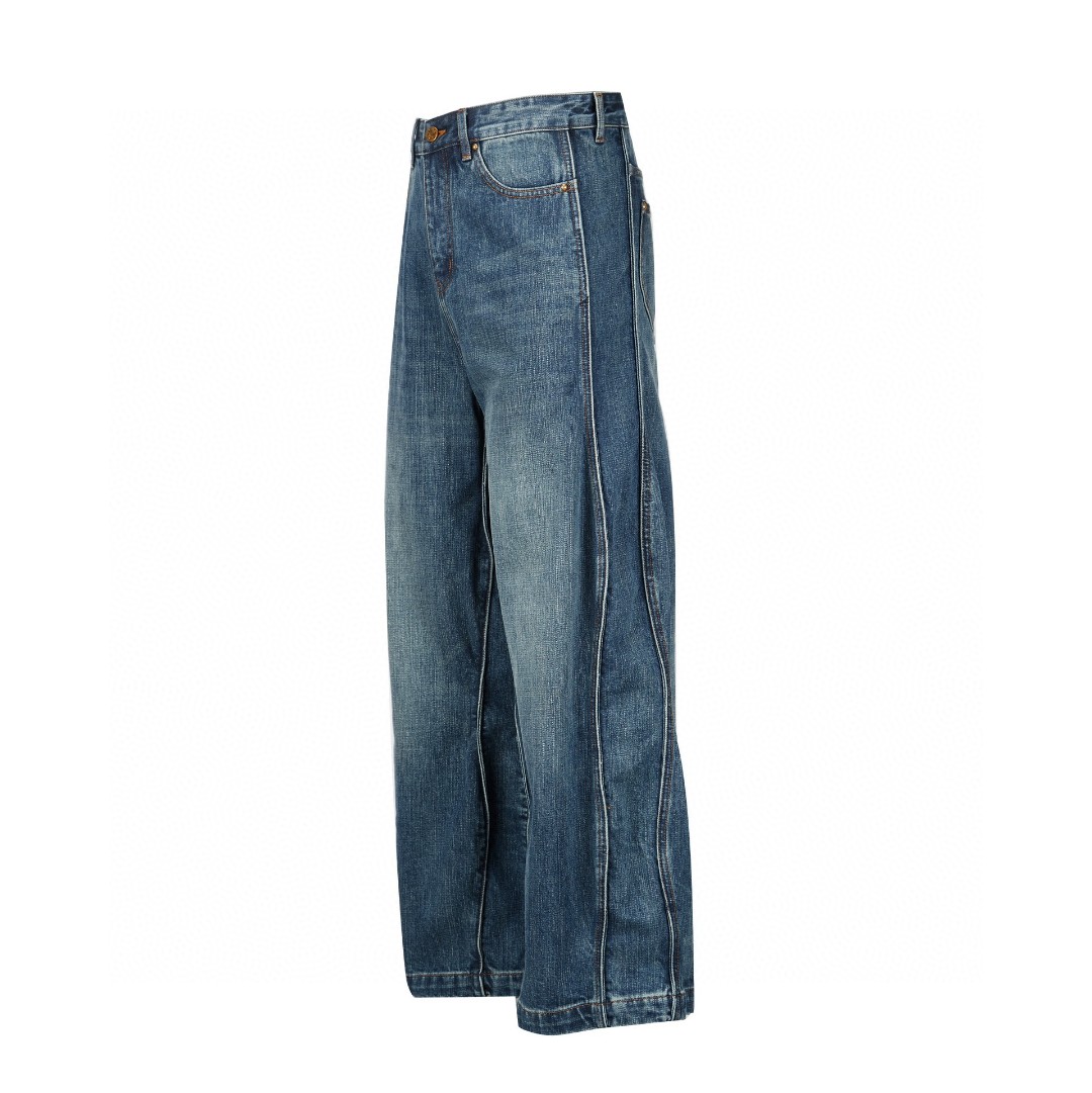 LOUIS VUITTON 路易威登 做旧波浪线条裁剪牛仔裤 裤子 长裤 蓝色 1AB4SK