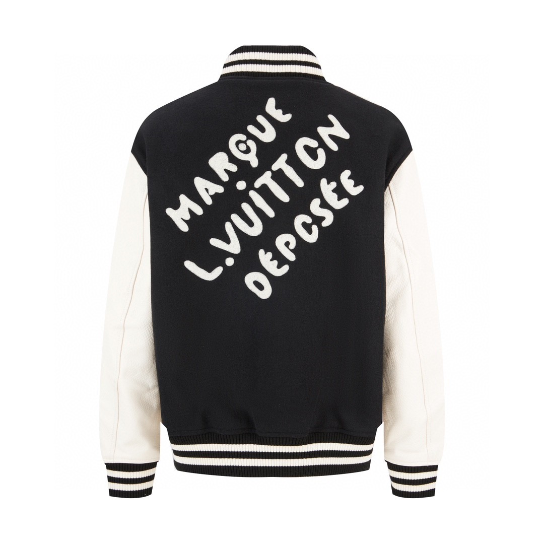 高定系列 LOUIS VUITTON 路易威登 珍珠字母logo皮袖夹克 棒球服 外套 长袖 黑色 1AFINP