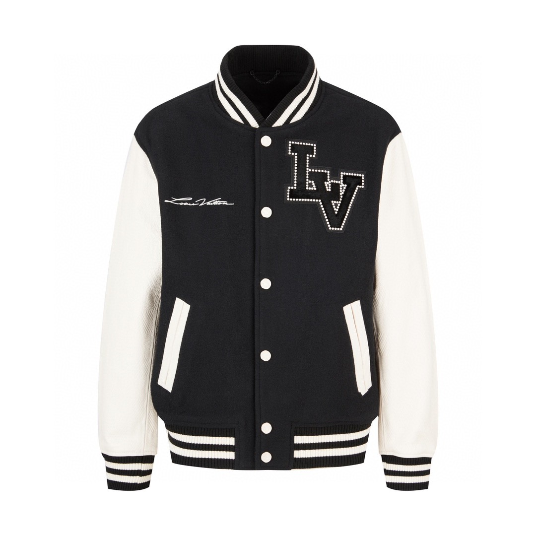 高定系列 LOUIS VUITTON 路易威登 珍珠字母logo皮袖夹克 棒球服 外套 长袖 黑色 1AFINP