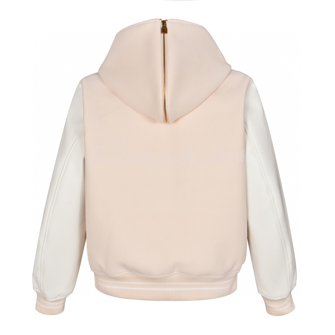 LOUIS VUITTON 路易威登 刺绣钉珠拼接皮袖连帽棒球服 夹克 长袖 外套 米色 1AFQM5