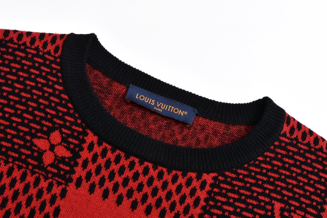 LOUIS VUITTON 路易威登 logo格纹提花撞色圆领毛衣 长袖 红色 1AFXKK