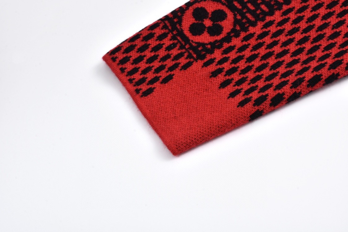 LOUIS VUITTON 路易威登 logo格纹提花撞色圆领毛衣 长袖 红色 1AFXKK