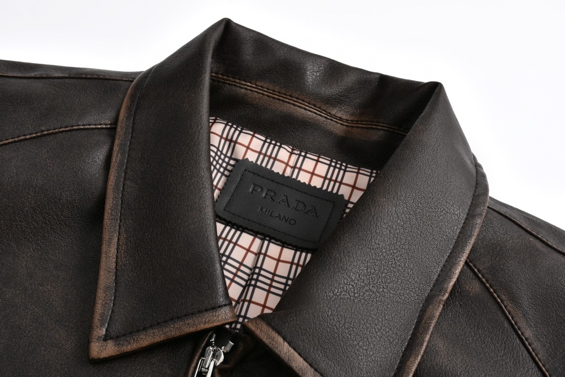 PRADA 普拉达 做旧三角徽标拉链皮衣 夹克 外套 长袖 UPW500-1455-F0002-S-OOO