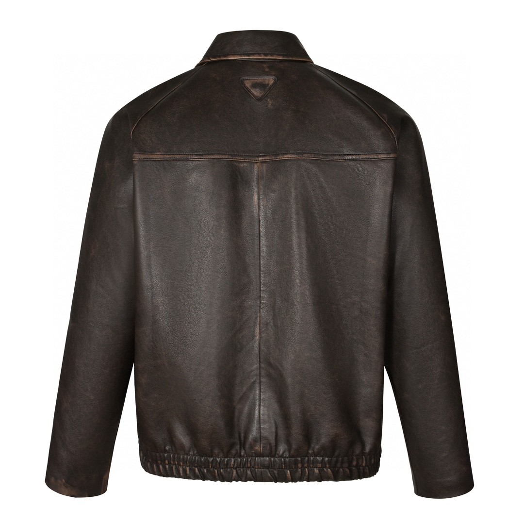 PRADA 普拉达 做旧三角徽标拉链皮衣 夹克 外套 长袖 UPW500-1455-F0002-S-OOO