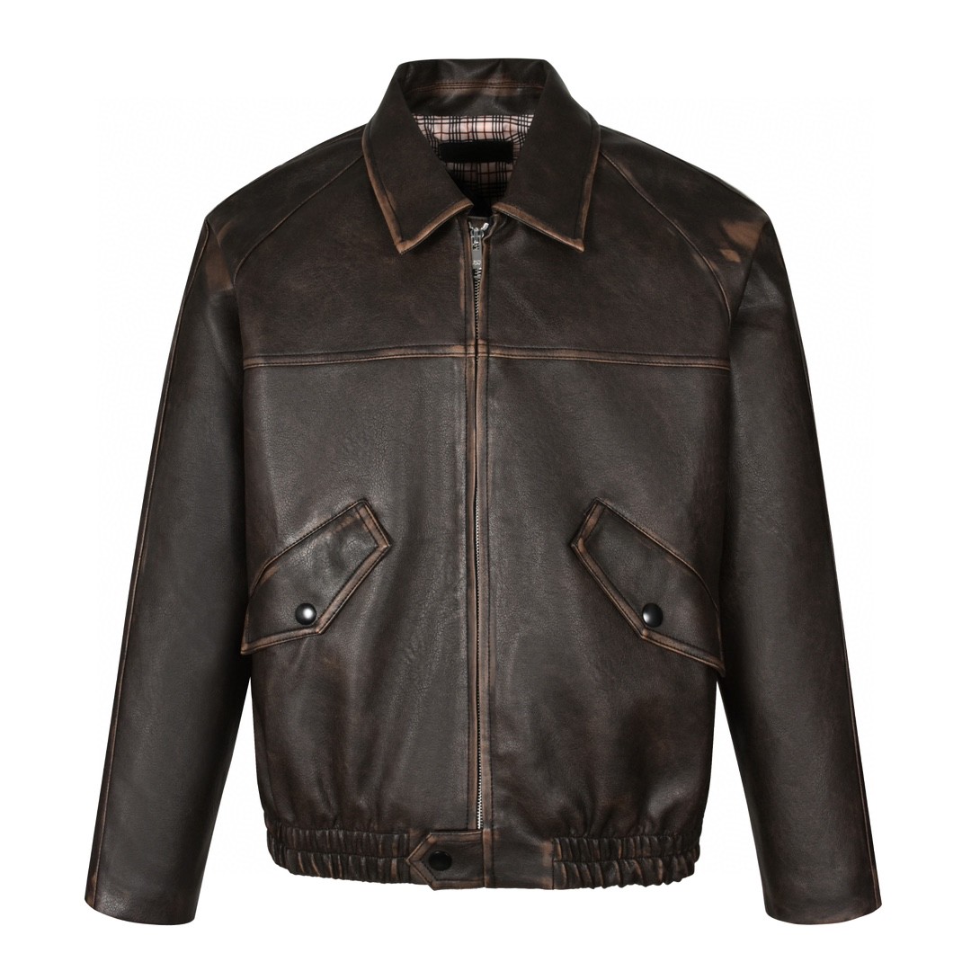 PRADA 普拉达 做旧三角徽标拉链皮衣 夹克 外套 长袖 UPW500-1455-F0002-S-OOO