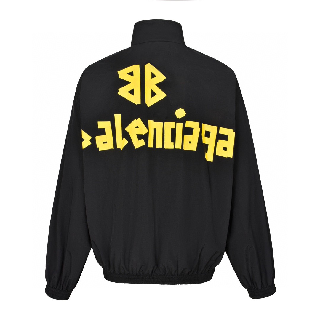 Balenciaga 巴黎世家 后背黄色胶带字母logo拉链夹克 冲锋衣 外套 长袖 秋冬 黑色 794465TPQ381000
