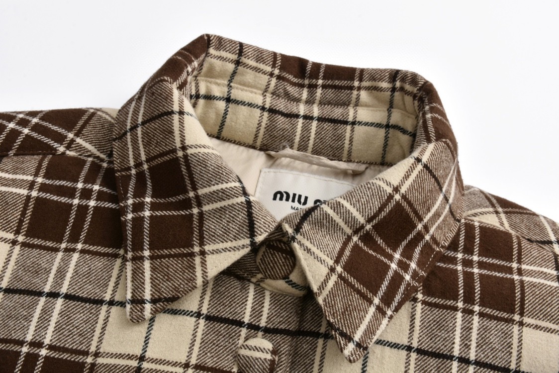 MIU MIU 缪缪 法兰绒格纹徽标字母logo衬衫 棉服 外套 长袖 棕色 ML8551-5PQ-F03KK