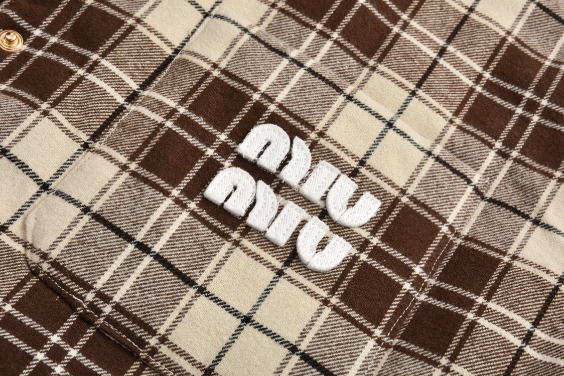 MIU MIU 缪缪 法兰绒格纹徽标字母logo衬衫 棉服 外套 长袖 棕色 ML8551-5PQ-F03KK