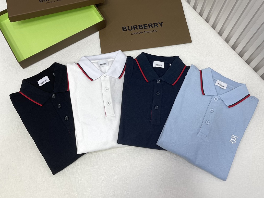 Burberry 巴宝莉 字母刺绣logo条纹领Polo衫 长袖 T恤 白色 黑色 藏蓝色 蓝色 80176801
