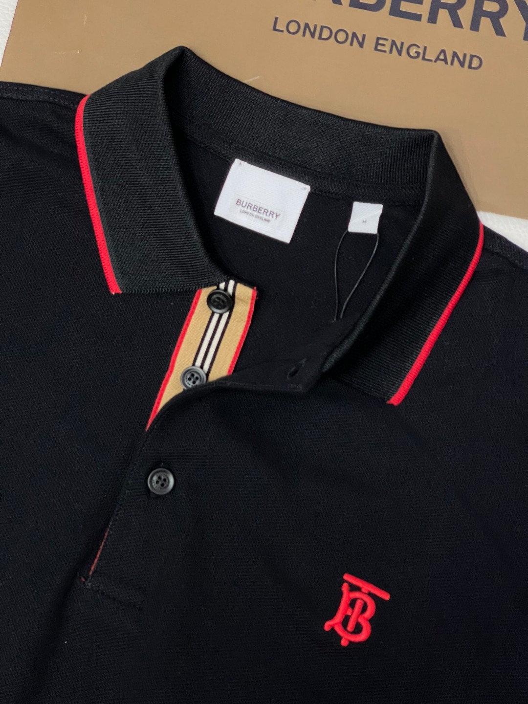 Burberry 巴宝莉 字母刺绣logo条纹领Polo衫 长袖 T恤 白色 黑色 藏蓝色 蓝色 80176801