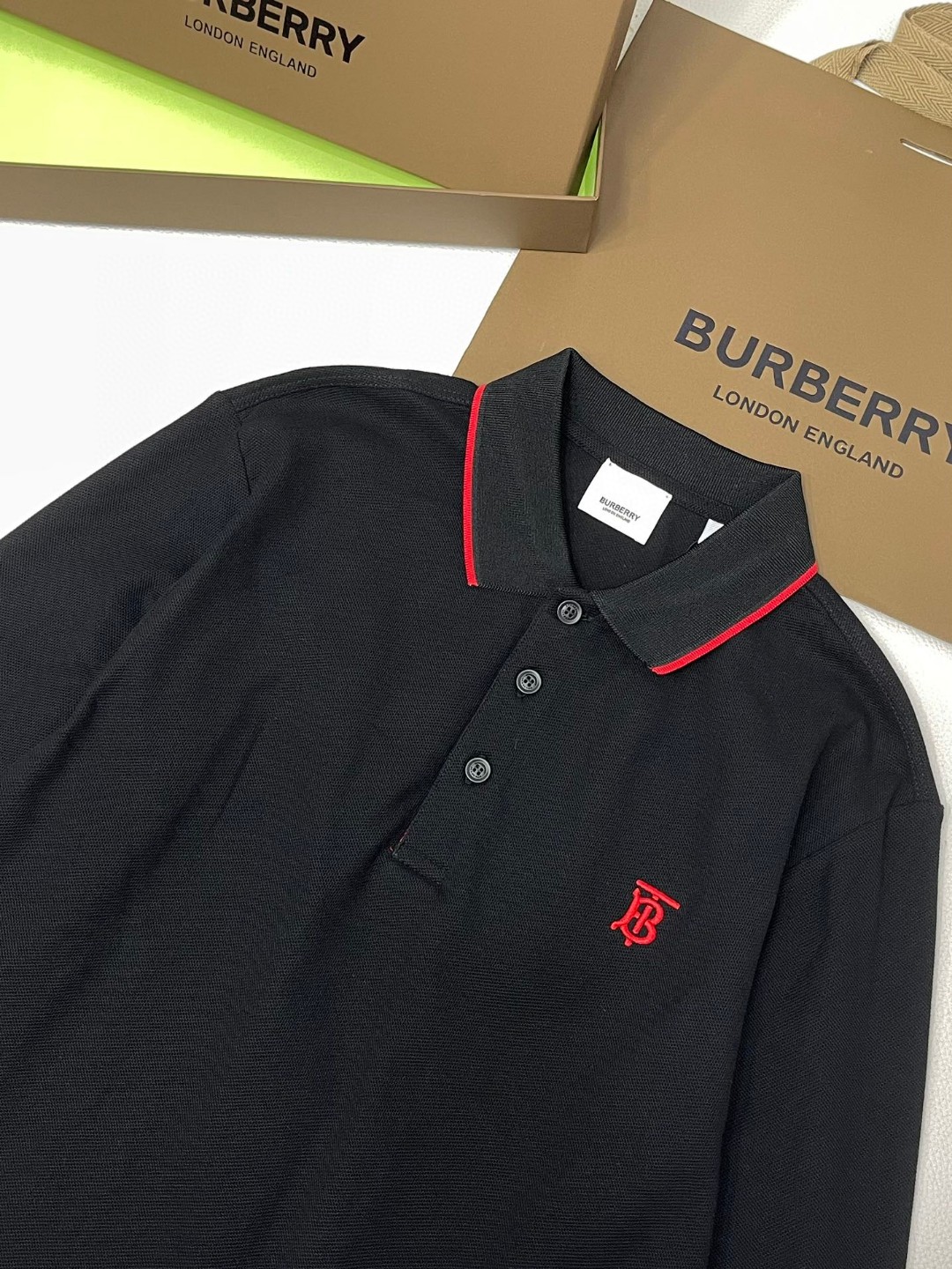 Burberry 巴宝莉 字母刺绣logo条纹领Polo衫 长袖 T恤 白色 黑色 藏蓝色 蓝色 80176801