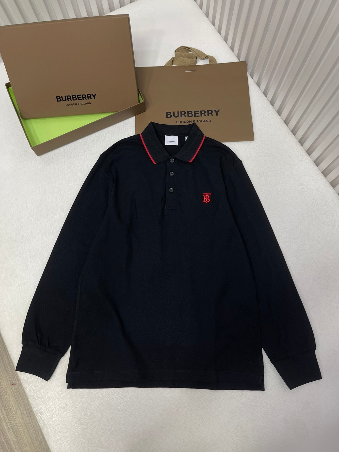 Burberry 巴宝莉 字母刺绣logo条纹领Polo衫 长袖 T恤 白色 黑色 藏蓝色 蓝色 80176801