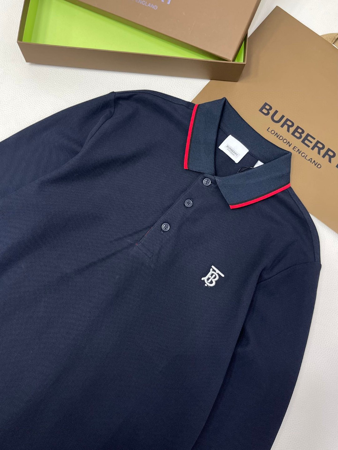 Burberry 巴宝莉 字母刺绣logo条纹领Polo衫 长袖 T恤 白色 黑色 藏蓝色 蓝色 80176801