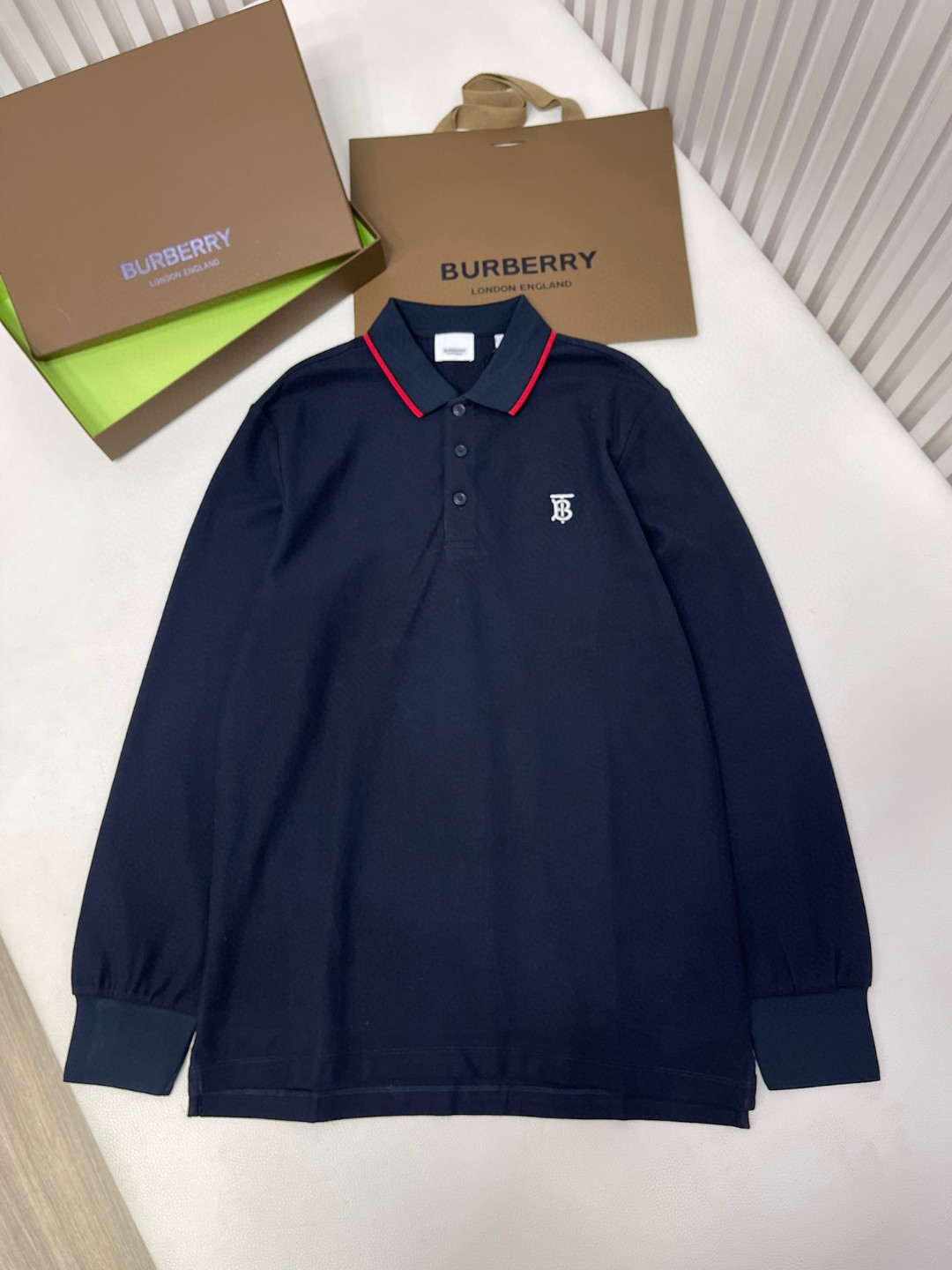 Burberry 巴宝莉 字母刺绣logo条纹领Polo衫 长袖 T恤 白色 黑色 藏蓝色 蓝色 80176801