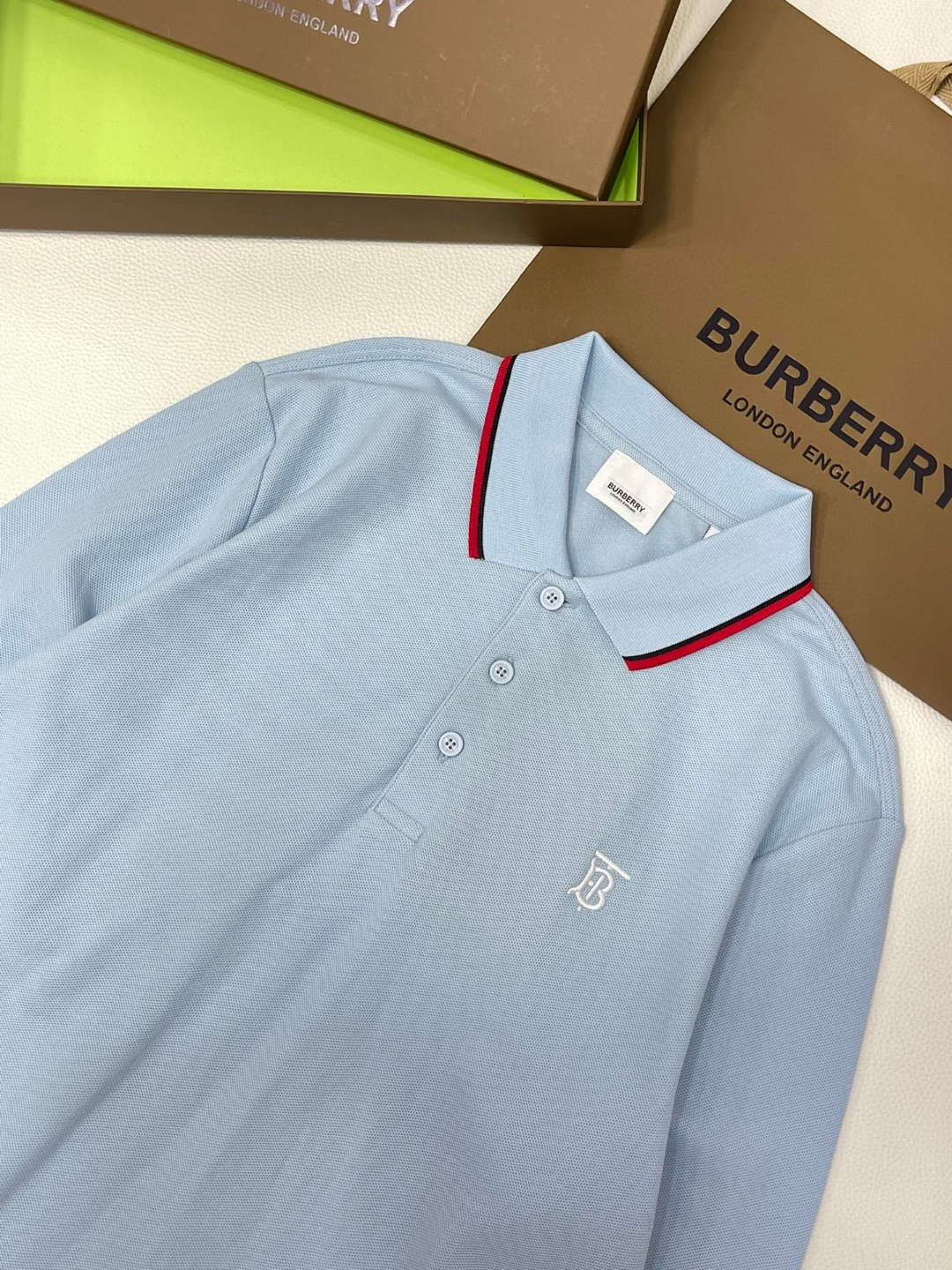 Burberry 巴宝莉 字母刺绣logo条纹领Polo衫 长袖 T恤 白色 黑色 藏蓝色 蓝色 80176801