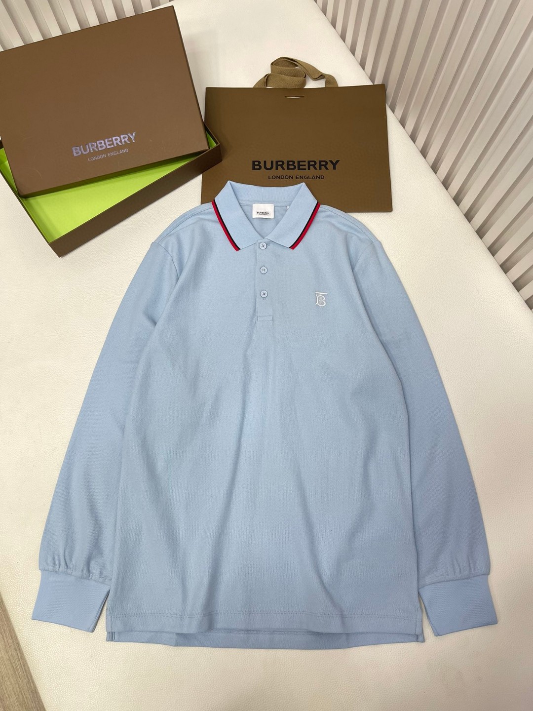 Burberry 巴宝莉 字母刺绣logo条纹领Polo衫 长袖 T恤 白色 黑色 藏蓝色 蓝色 80176801