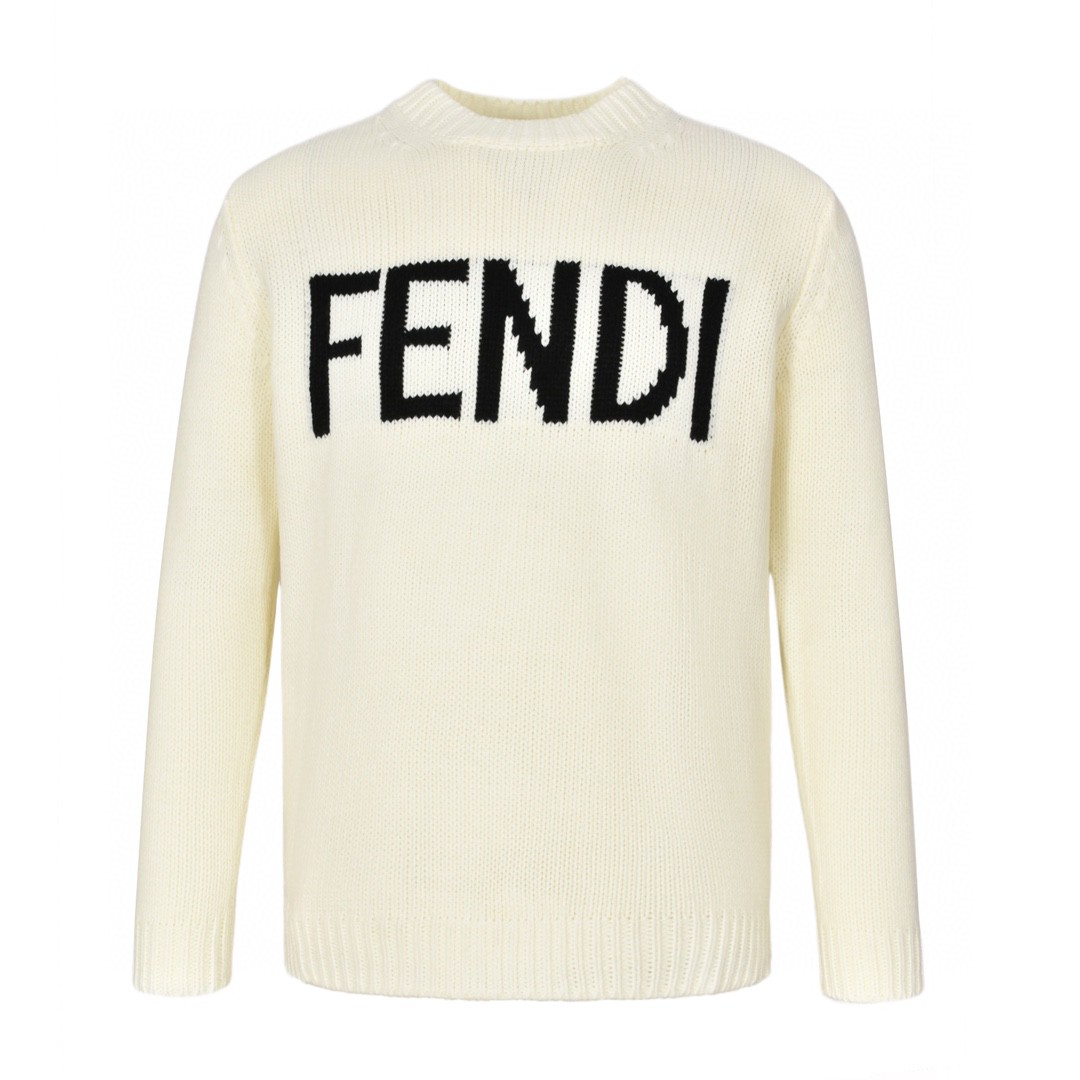 FENDI 芬迪 字母logo嵌花羊毛套头毛衣 长袖 圆领 秋冬 黑色 白色 FZZ387A3M3F0QA0