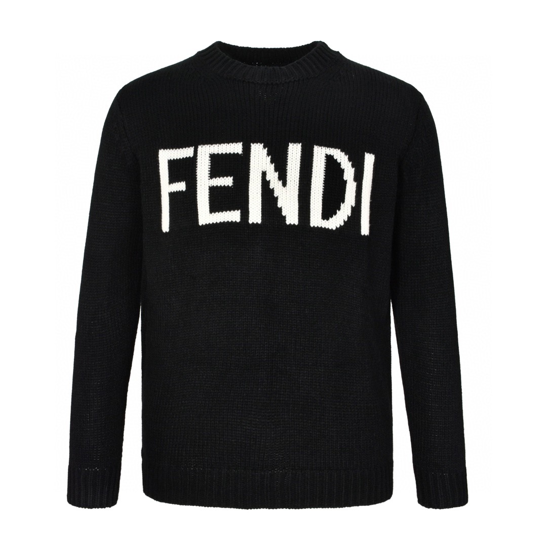 FENDI 芬迪 字母logo嵌花羊毛套头毛衣 长袖 圆领 秋冬 黑色 白色 FZZ387A3M3F0QA0