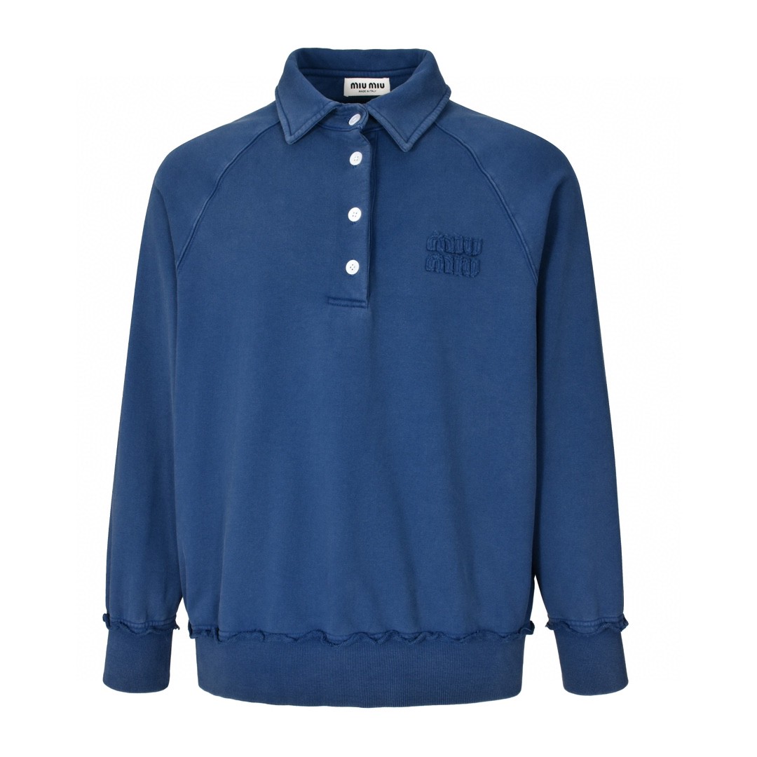 MIU MIU 缪缪 纯色字母logo刺绣Polo领卫衣 长袖 蓝色 MJL914-15AT-F0008