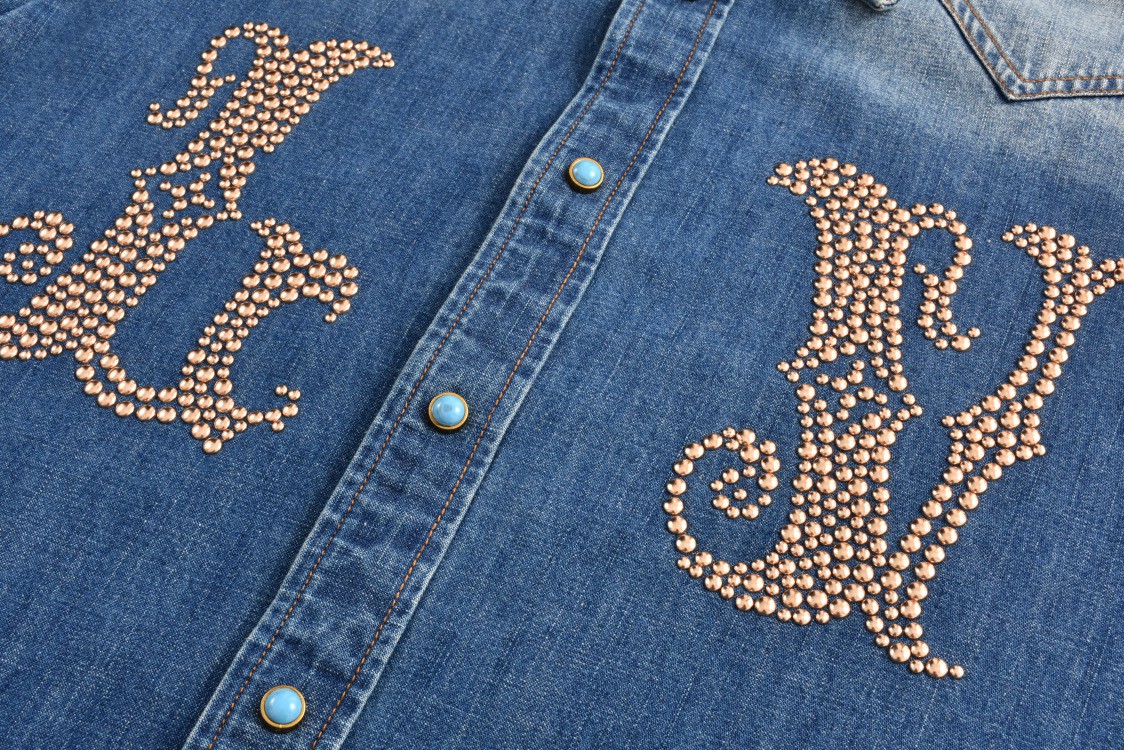 LOUIS VUITTON 路易威登 logo铆钉缀饰单排扣牛仔衬衫 牛仔外套 夹克 长袖 蓝色 1AFXL5