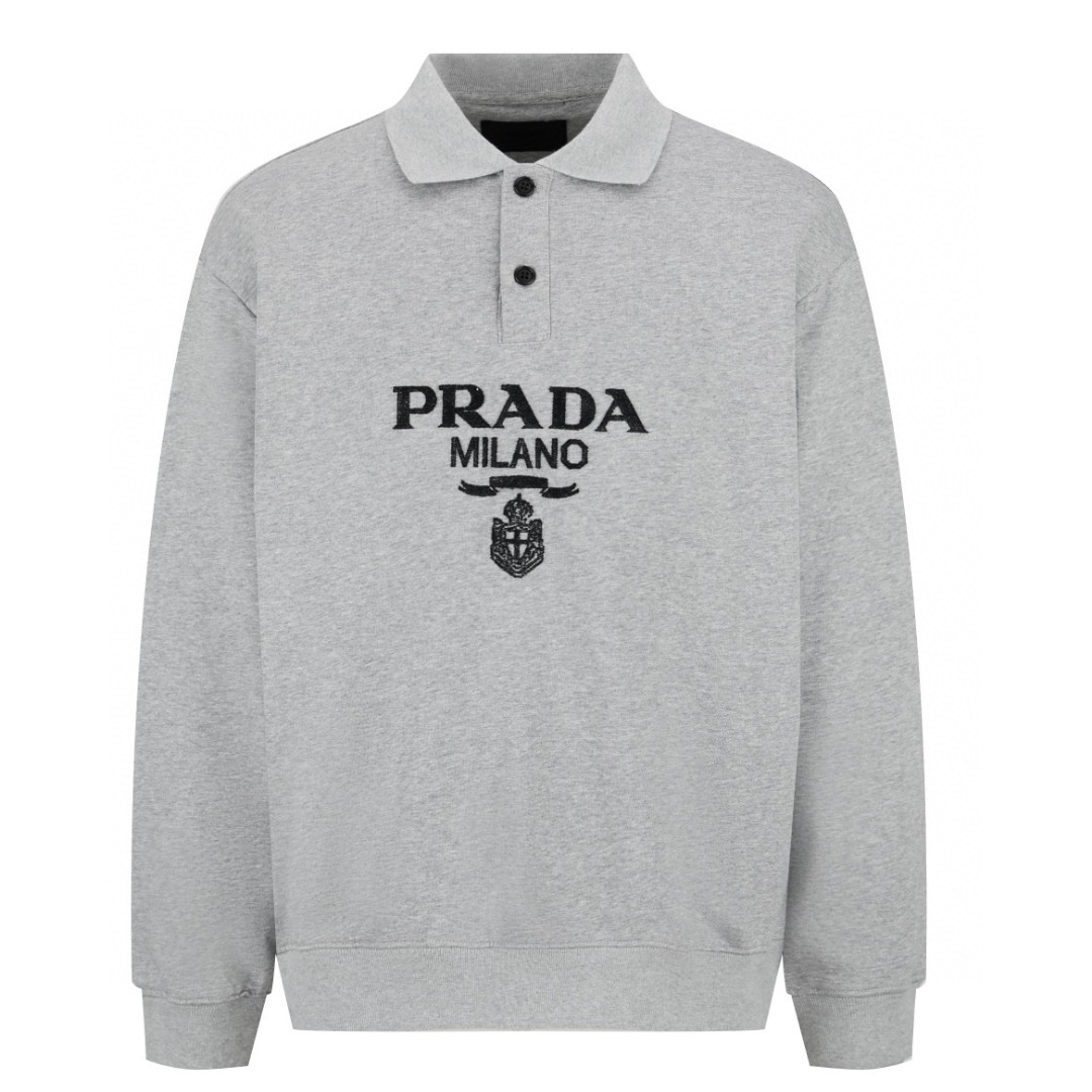 PRADA 普拉达 logo字母提花Polo领卫衣 圆领 长袖 灰色 黑色 UJL77B-1Y13-F0002-S-OOO