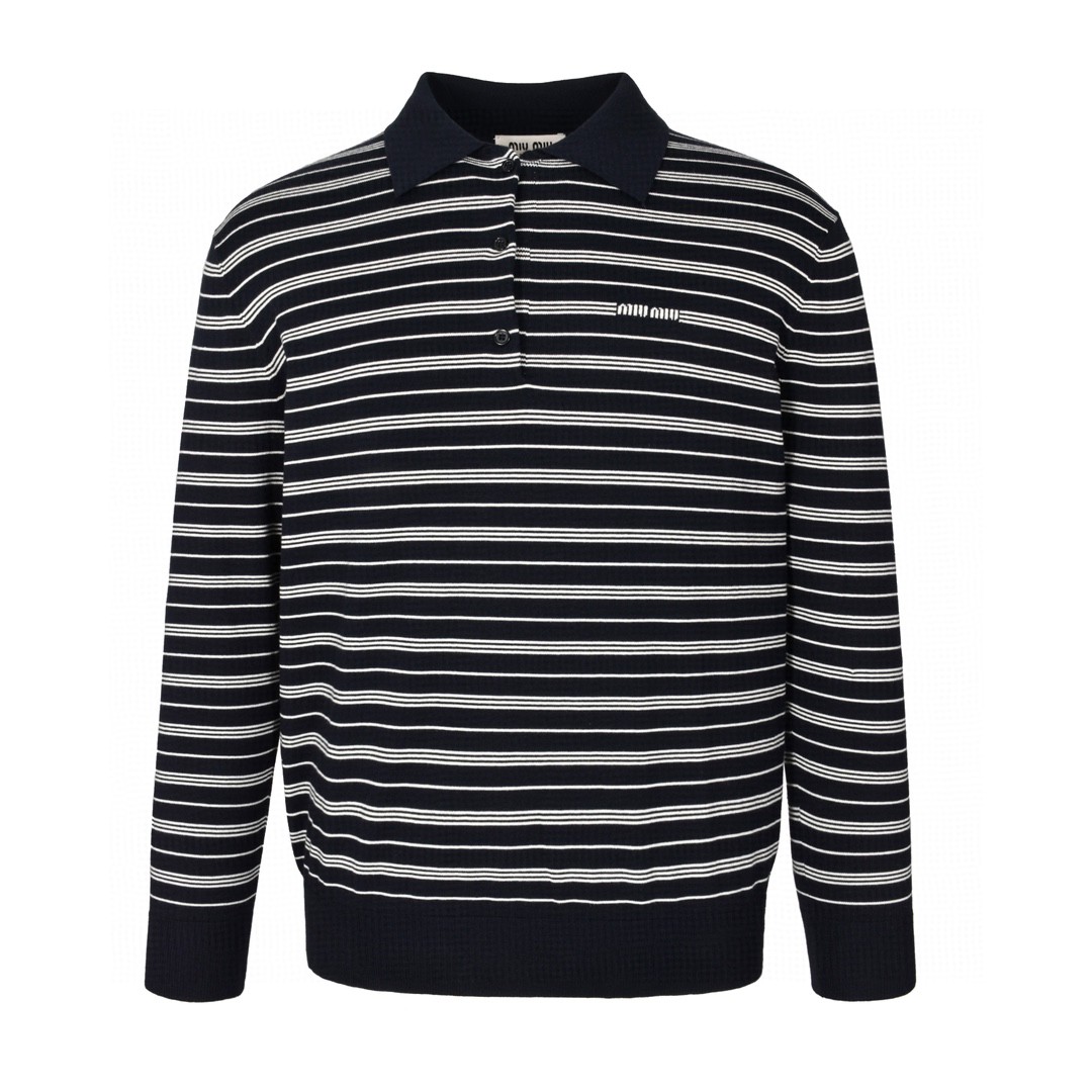 MIU MIU 缪缪 条纹Polo领针织衫 毛衣 长袖 米白色 黑蓝色 MML951-140V-F0304-S-OOO