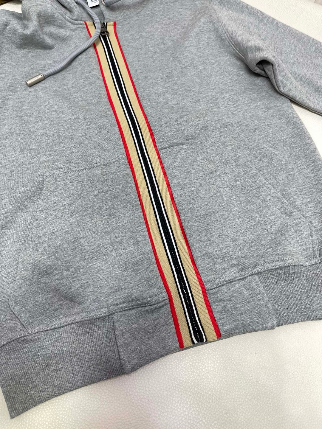 Burberry 巴宝莉 条纹拼色拉链连帽卫衣 外套 长袖 秋冬款 灰色 80996211