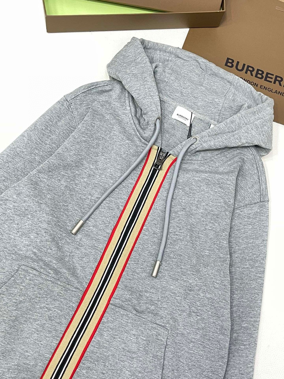 Burberry 巴宝莉 条纹拼色拉链连帽卫衣 外套 长袖 秋冬款 灰色 80996211