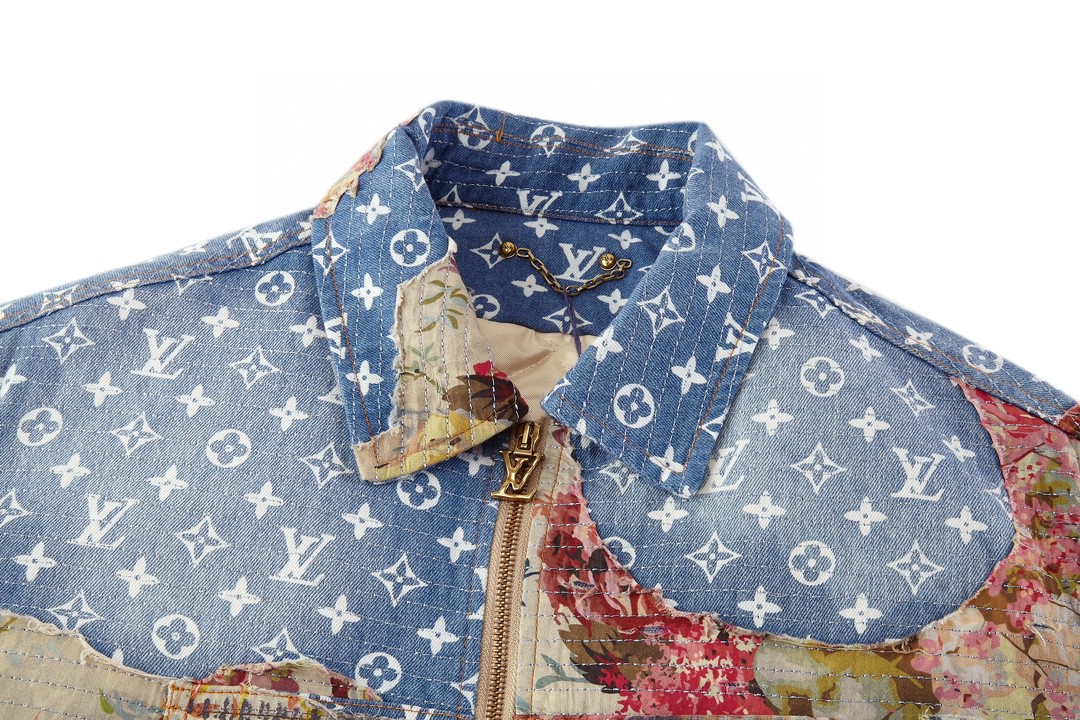LOUIS VUITTON 路易威登 花卉贴布字母logo满印牛仔外套 夹克 长袖 外套 蓝色 1AAGQG