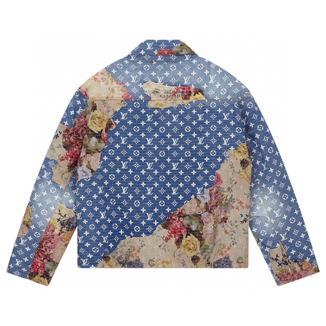 LOUIS VUITTON 路易威登 花卉贴布字母logo满印牛仔外套 夹克 长袖 外套 蓝色 1AAGQG