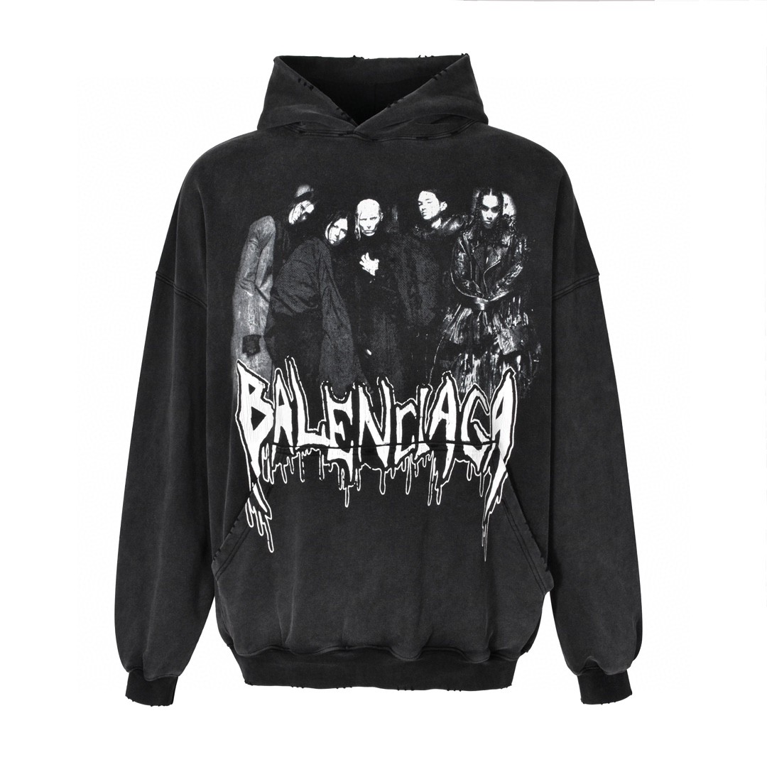 Balenciaga 巴黎世家 破洞乐队人像字母logo印花连帽卫衣 外套 长袖 秋冬 黑色