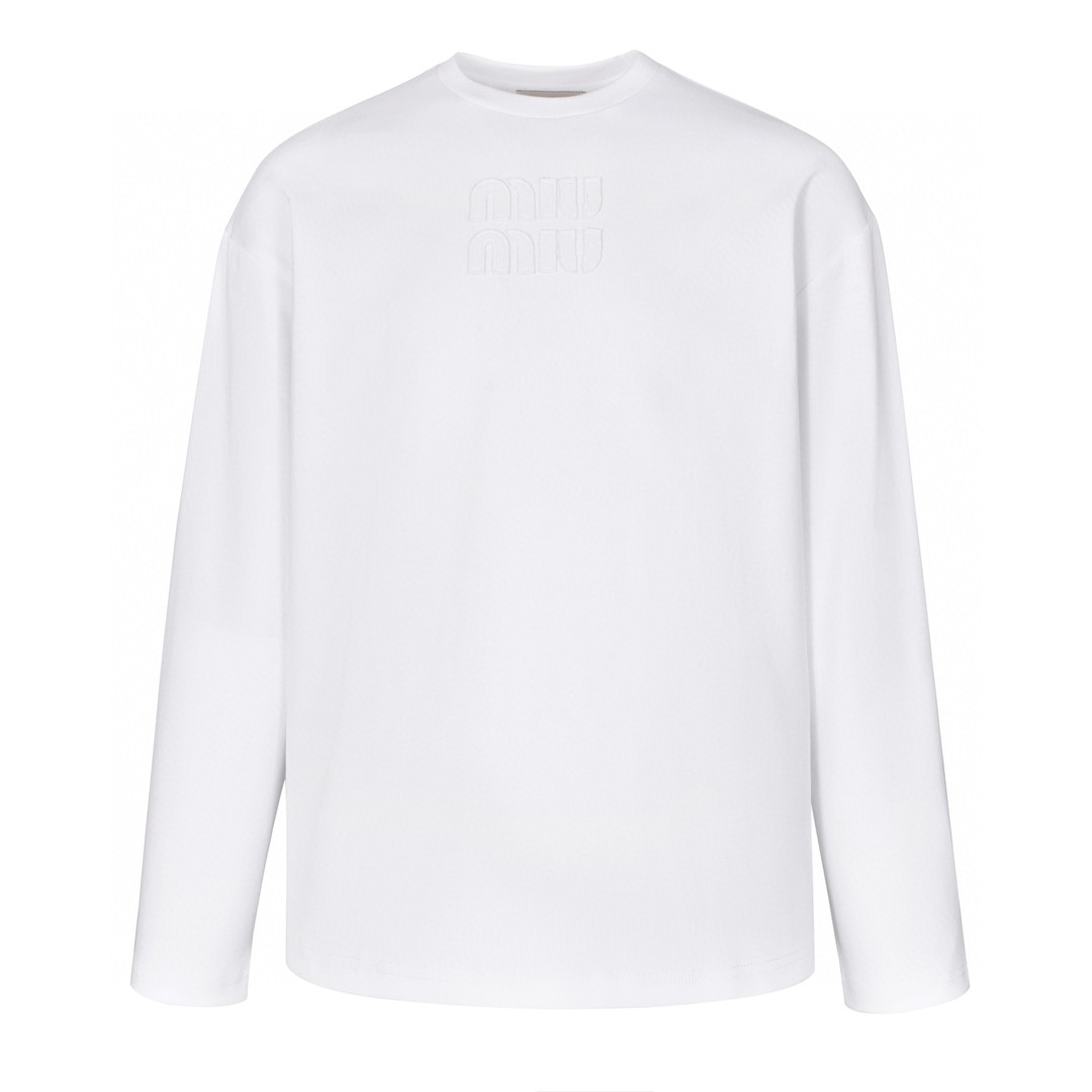 MIU MIU 缪缪 纯色字母logo绣花T恤 打底衫 长袖 白色 黑色 MJL862-1YXT-F0002-S-232