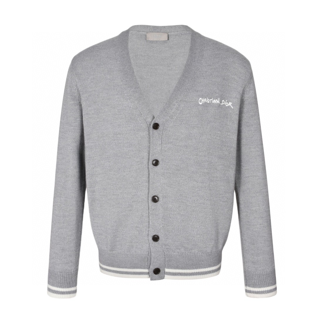 DIOR 迪奥 条纹字母Logo刺绣V领毛衣 针织衫 开衫 外套 长袖 灰色 443M204AT879-C880