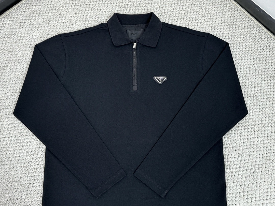 PRADA 普拉达 纯色logo徽标拉链Polo衫 长袖 黑色 UJL59B-1YR4-F0002-S-OOO