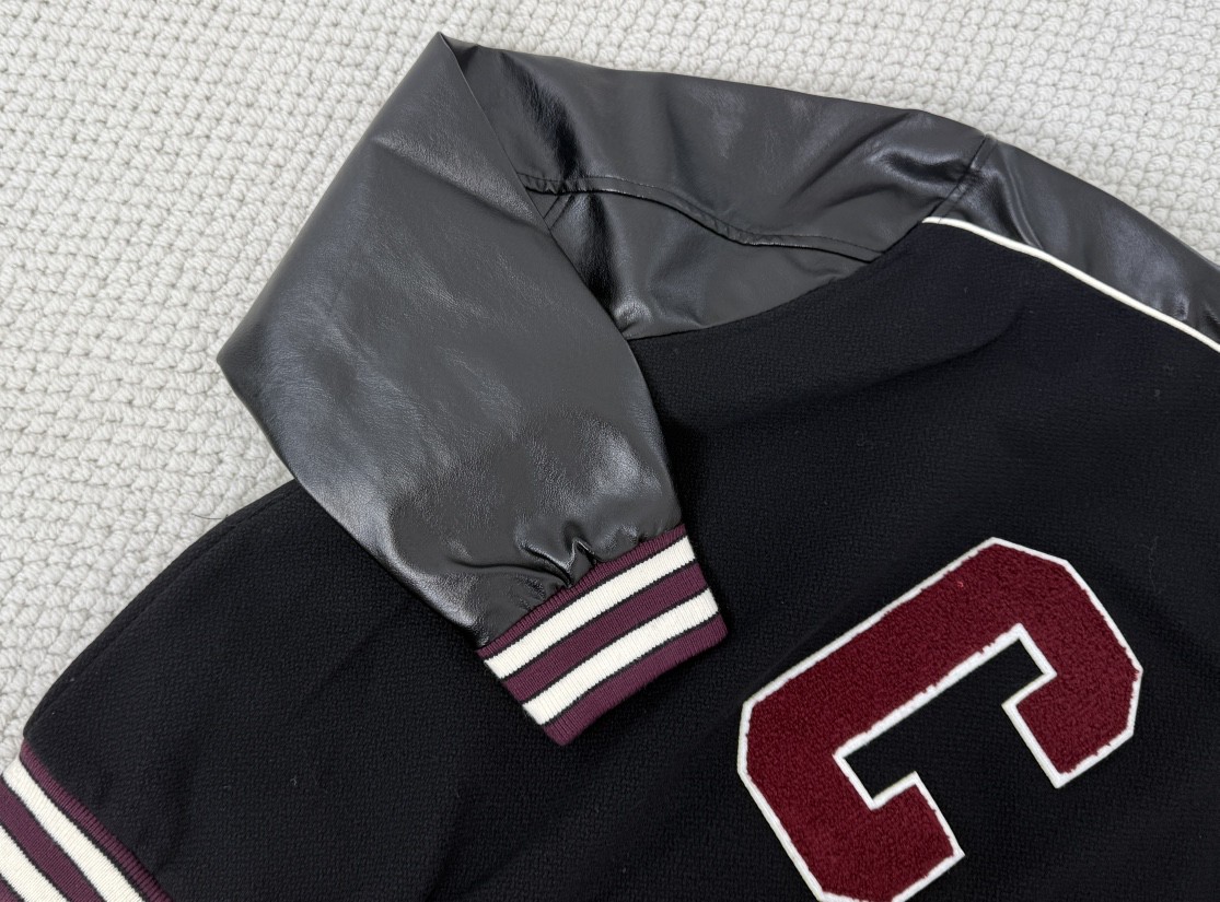 CELINE 赛琳 拼皮毛呢单排扣棒球服 夹克 外套 长袖 黑色 2V29T896C-14BU