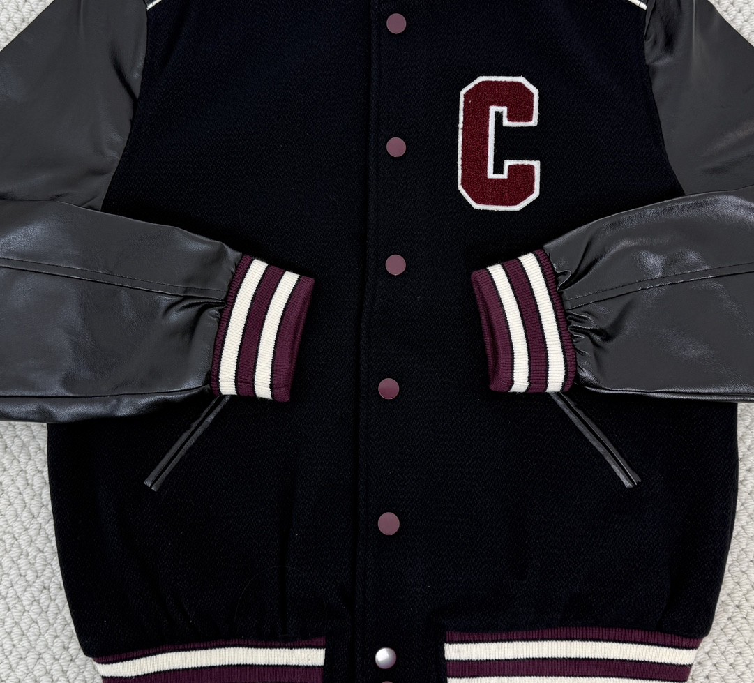 CELINE 赛琳 拼皮毛呢单排扣棒球服 夹克 外套 长袖 黑色 2V29T896C-14BU