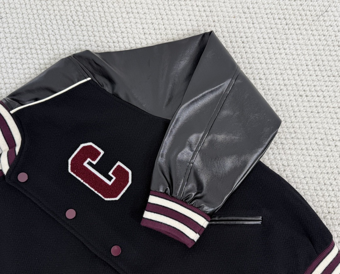 CELINE 赛琳 拼皮毛呢单排扣棒球服 夹克 外套 长袖 黑色 2V29T896C-14BU