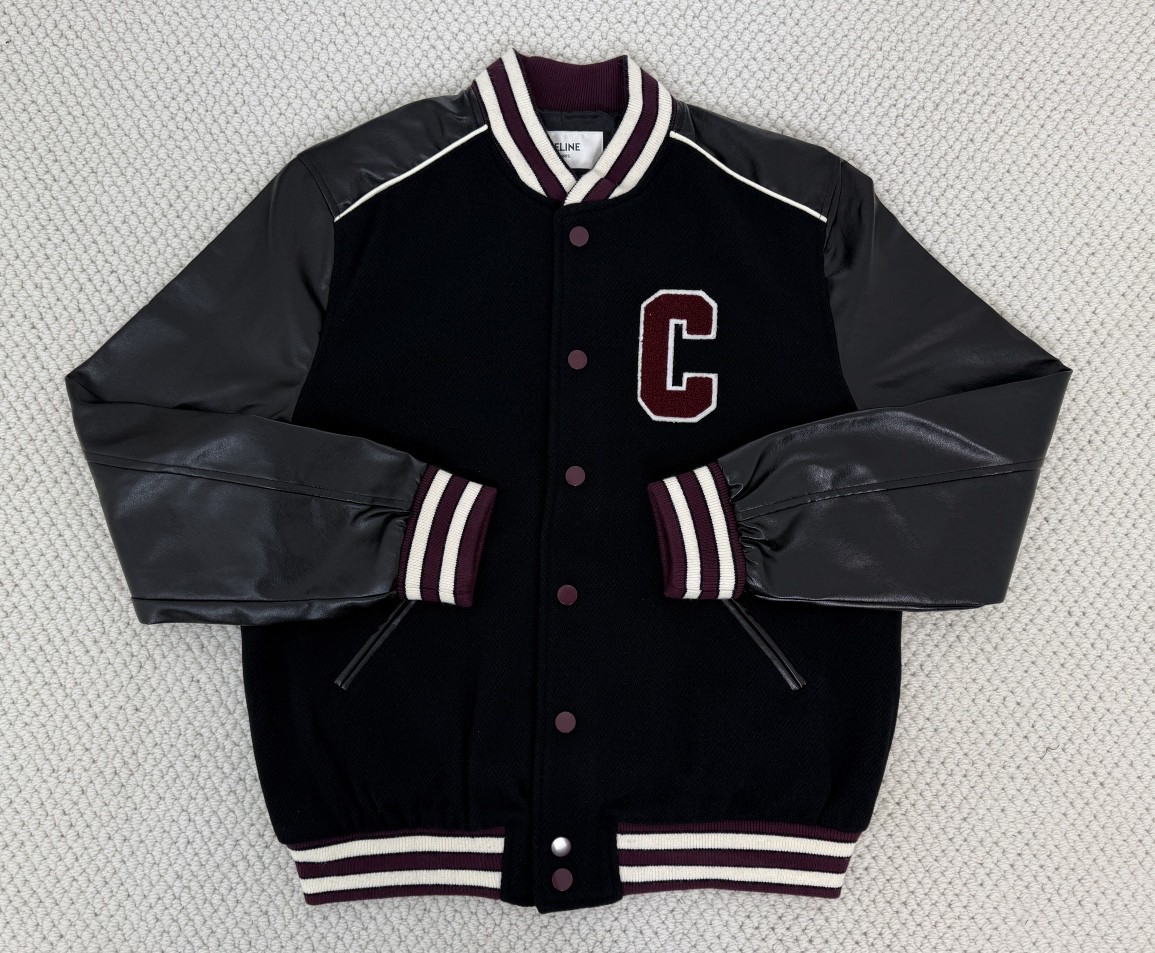 CELINE 赛琳 拼皮毛呢单排扣棒球服 夹克 外套 长袖 黑色 2V29T896C-14BU