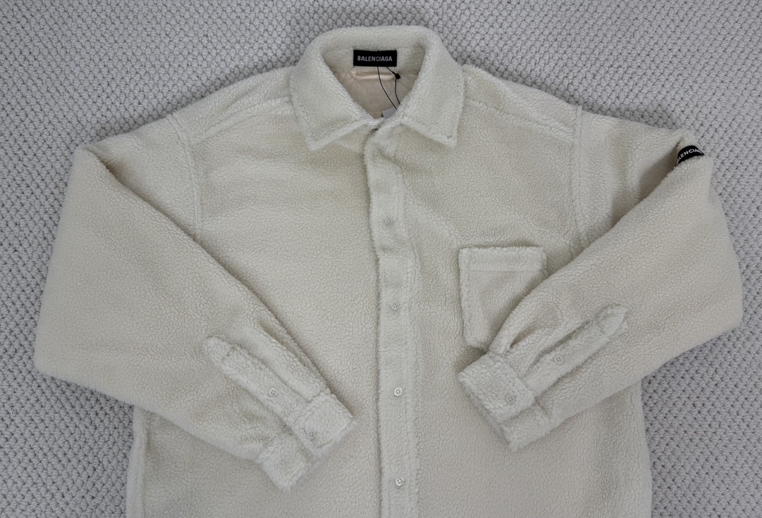 Balenciaga 巴黎世家 纯色袖标羊羔毛衬衫 外套 长袖 秋冬 黑色 白色 805234TQQ021000