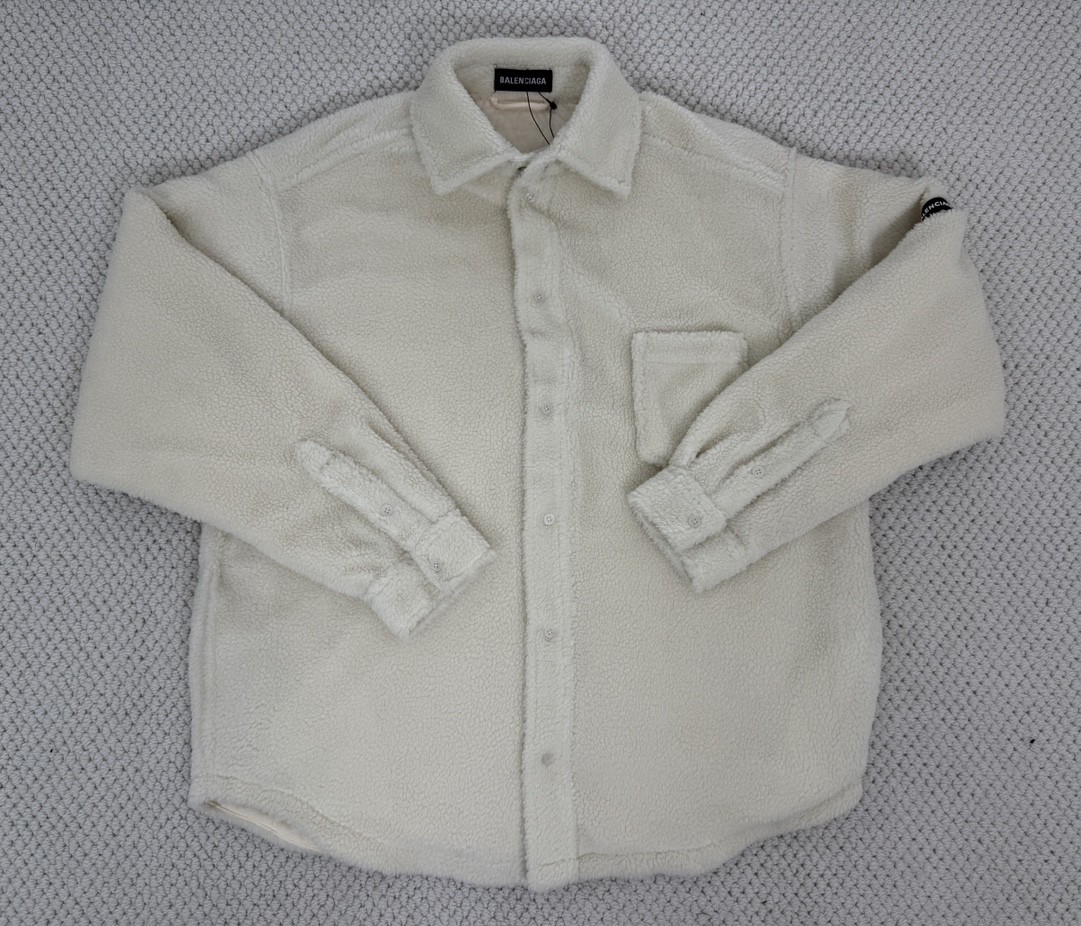 Balenciaga 巴黎世家 纯色袖标羊羔毛衬衫 外套 长袖 秋冬 黑色 白色 805234TQQ021000