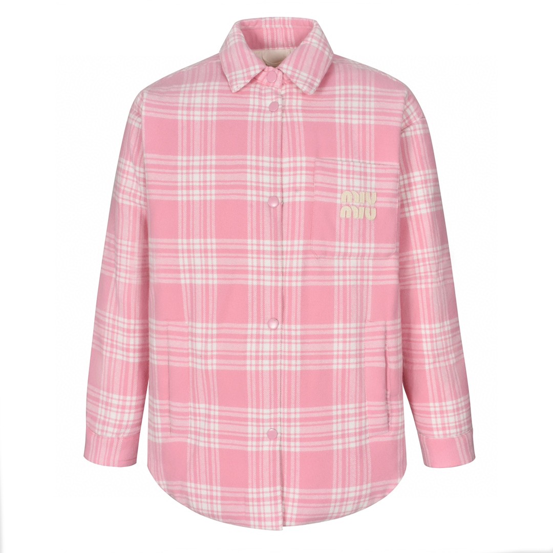 MIU MIU 缪缪 格纹字母刺绣拉单排扣衬衫羽绒服 夹克 长袖 外套 卡其色 蓝色 粉色 ML855-13L8-F0KTK-S-232