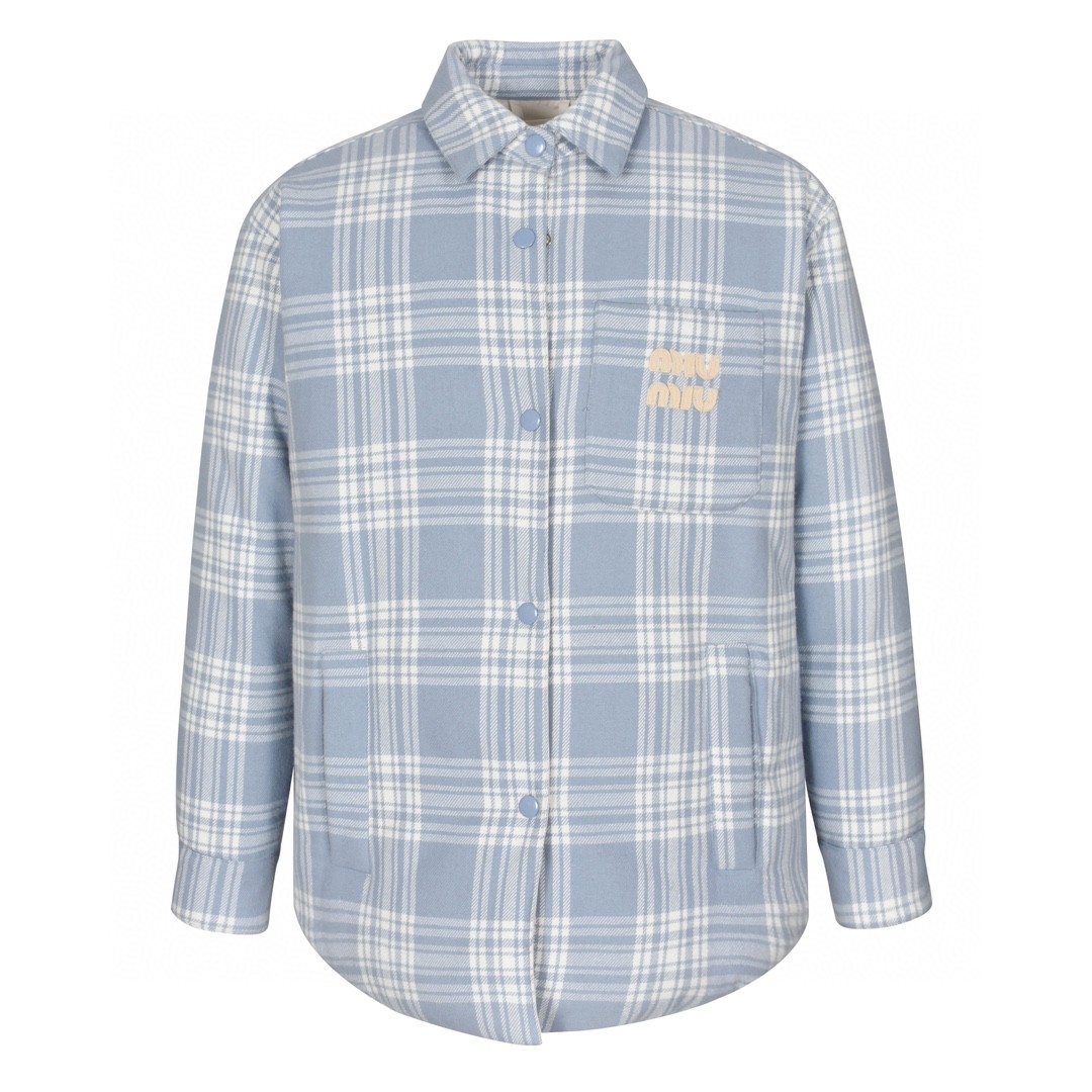 MIU MIU 缪缪 格纹字母刺绣拉单排扣衬衫羽绒服 夹克 长袖 外套 卡其色 蓝色 粉色 ML855-13L8-F0KTK-S-232