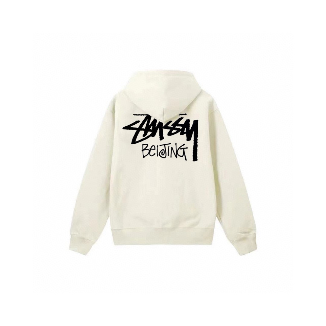 Stussy 斯图西 北京限定字母logo印花拉链连帽卫衣 长袖 米色 黑色 深蓝色 白色 灰色 