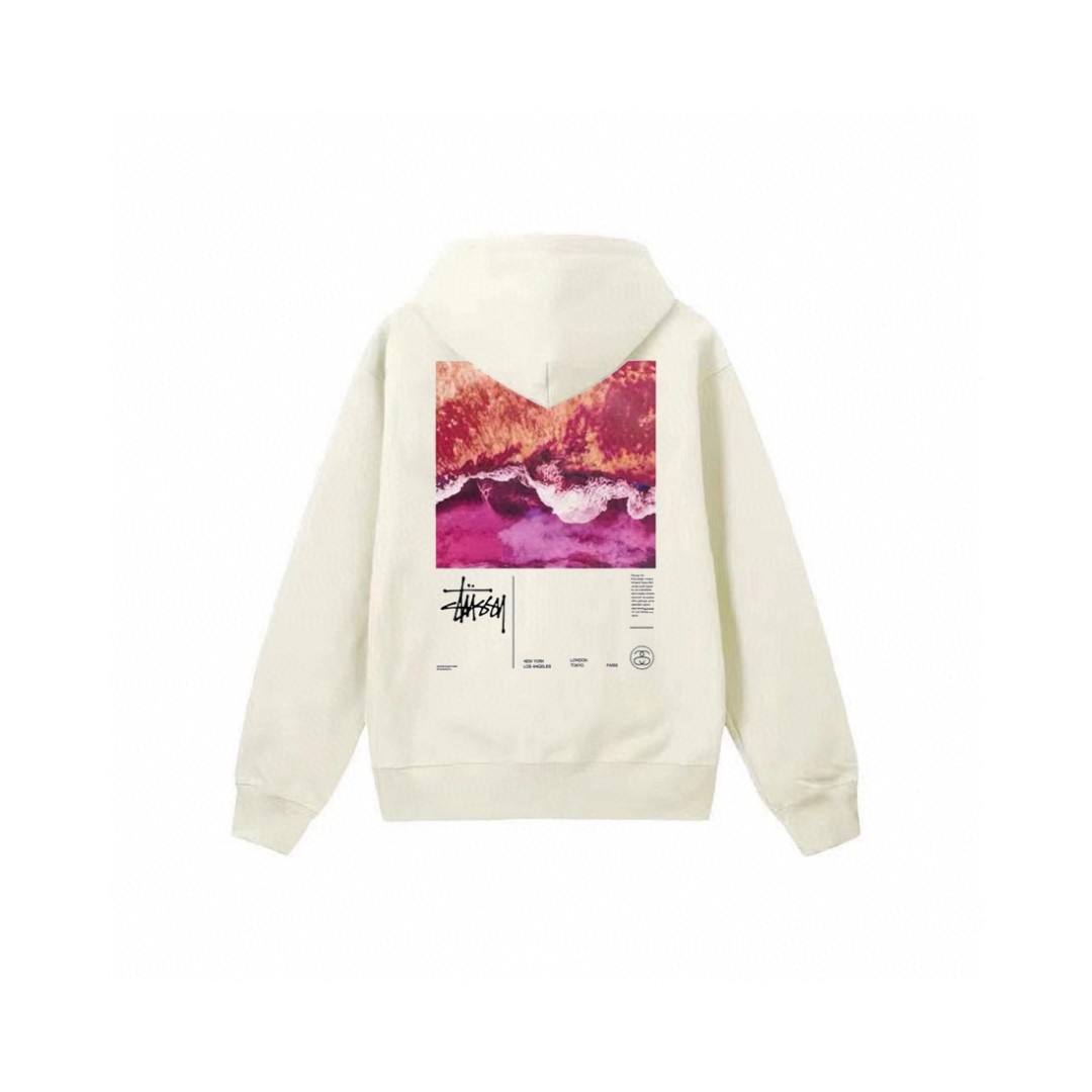 Stussy 斯图西 梦幻海洋字母logo印花拉链连帽卫衣 长袖 米色 黑色 深蓝色 白色 灰色 