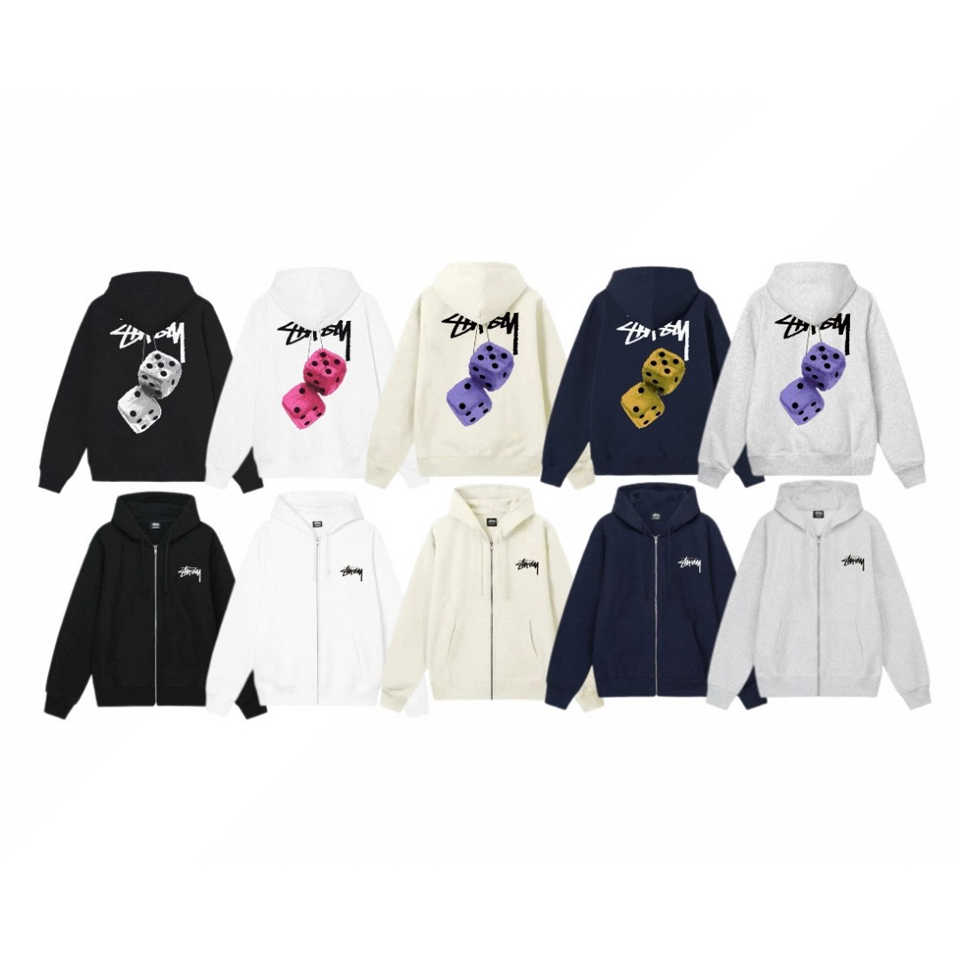 Stussy 斯图西 骰子图案字母logo印花拉链连帽卫衣 长袖 米色 黑色 深蓝色 白色 灰色 